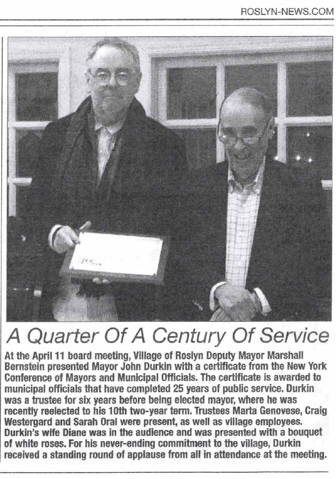 Mayor Durkin Honored for Twenty-Five Years of Public Service